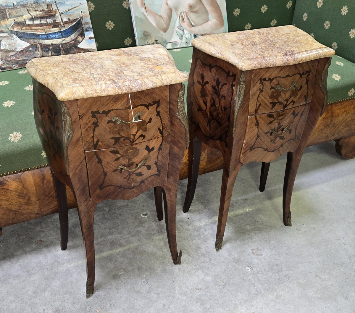 paire de tables de nuit style Louis XV en marquéterie-photo-2