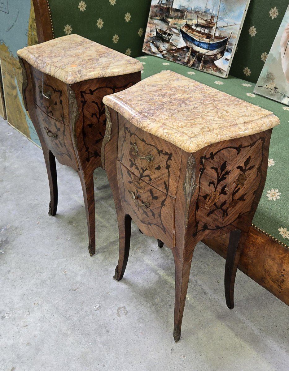 paire de tables de nuit style Louis XV en marquéterie-photo-5