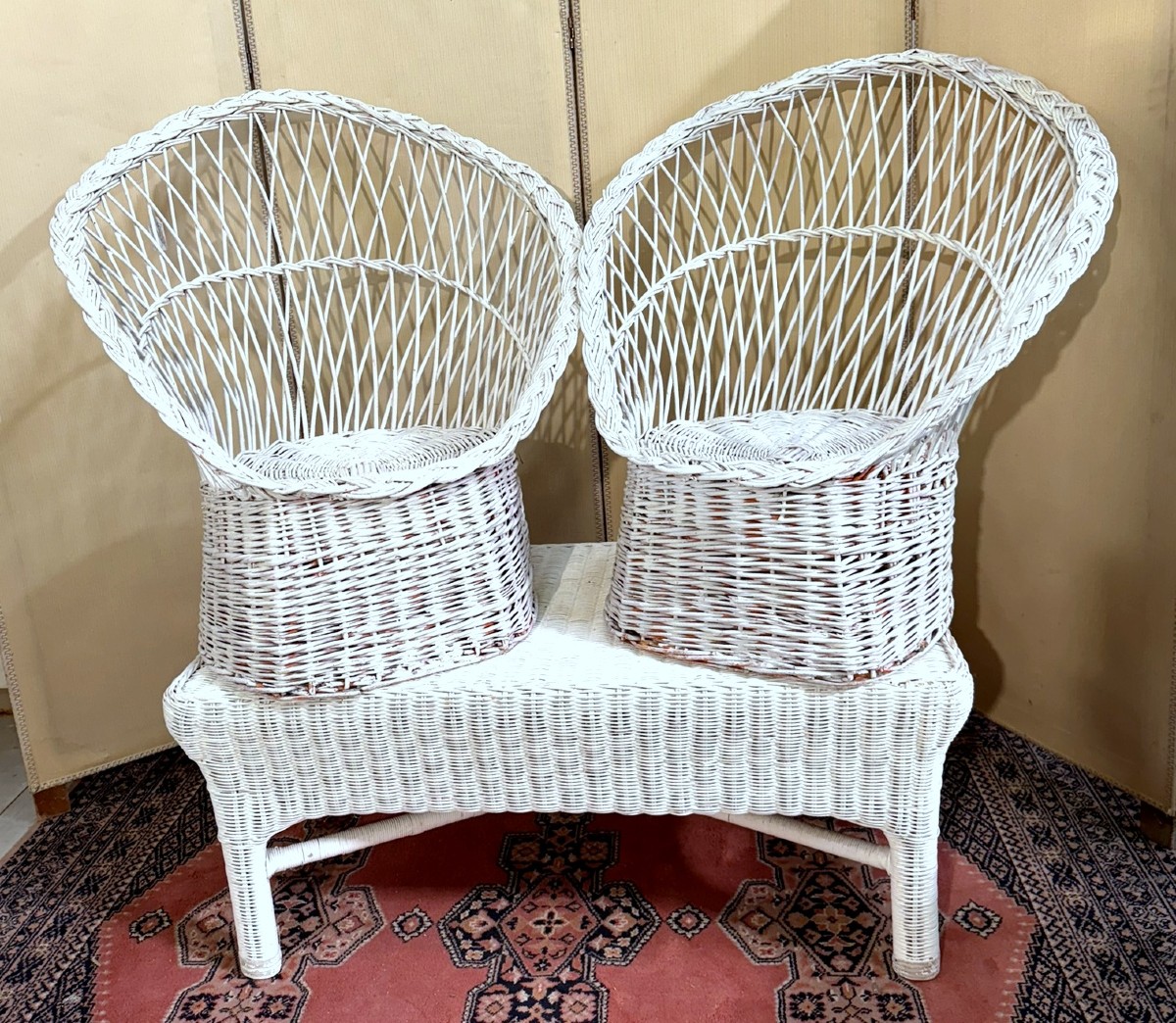 salon vintage 3 piéces en rotin laqué blanc-photo-4