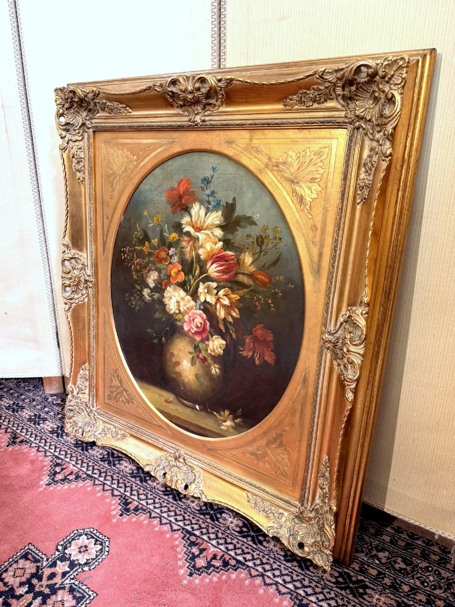 tableau huile sur toile XXeme : nature morte aux fleurs-photo-1