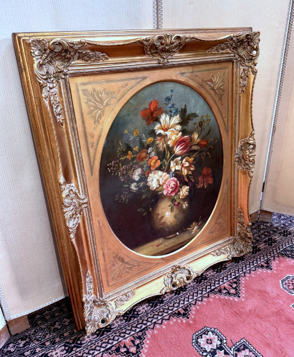 tableau huile sur toile XXeme : nature morte aux fleurs-photo-2