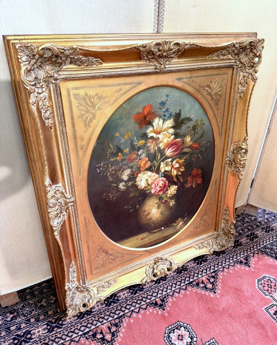 tableau huile sur toile XXeme : nature morte aux fleurs-photo-4