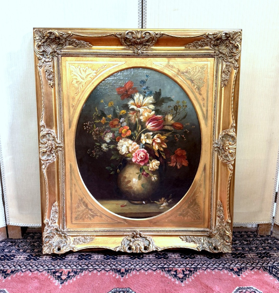 tableau huile sur toile XXeme : nature morte aux fleurs