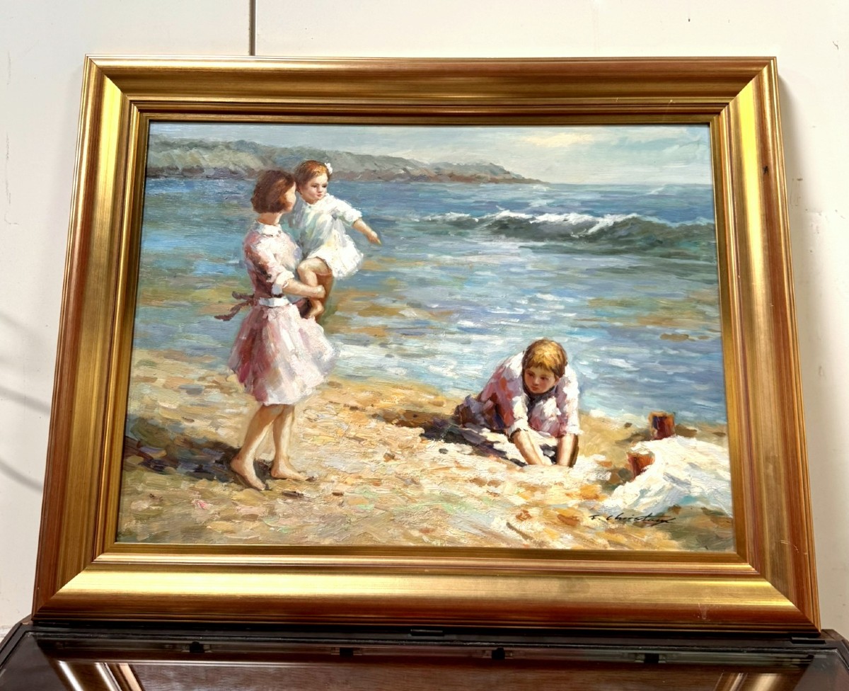 Francis CRISTAUX (1956) : grande huile sur toile la plage-photo-1