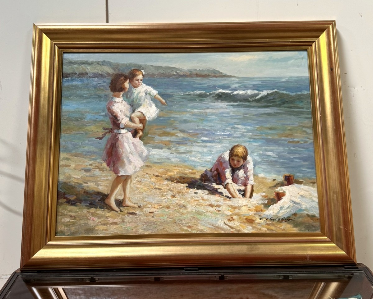 Francis CRISTAUX (1956) : grande huile sur toile la plage-photo-2