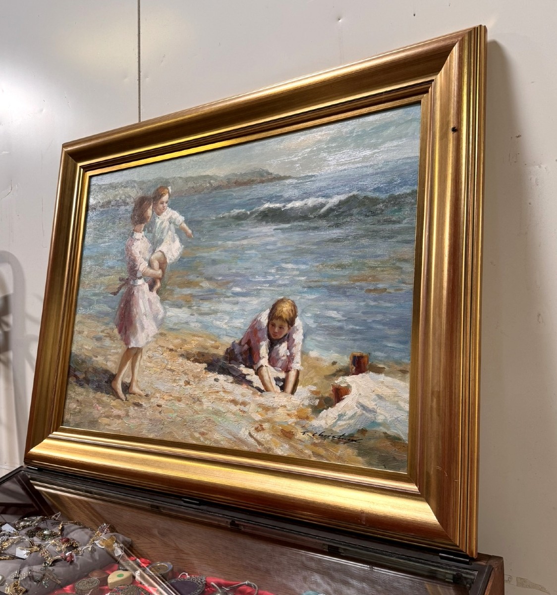 Francis CRISTAUX (1956) : grande huile sur toile la plage-photo-4
