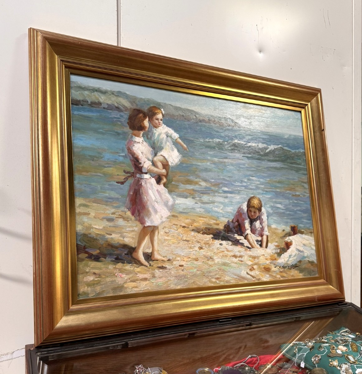 Francis CRISTAUX (1956) : grande huile sur toile la plage-photo-5