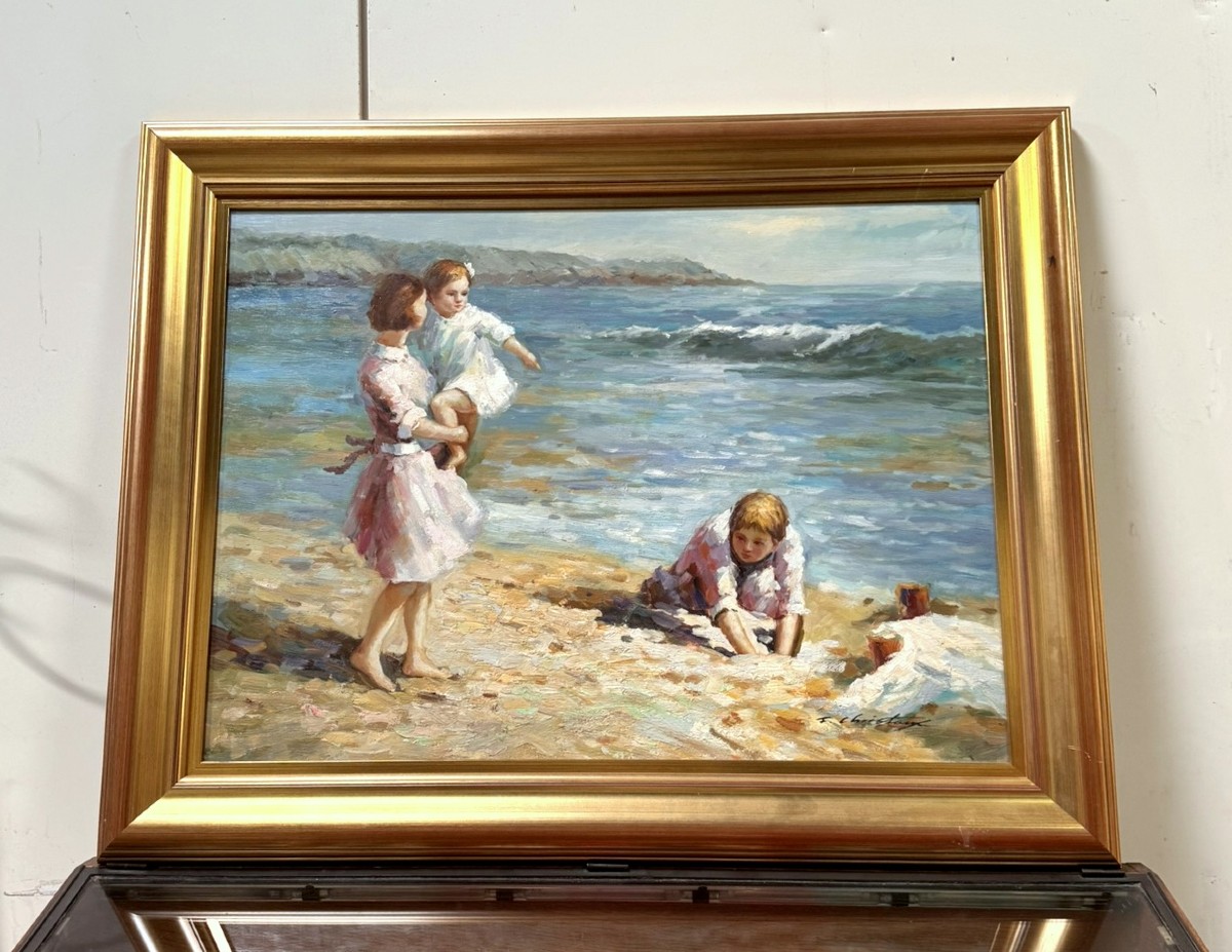 Francis CRISTAUX (1956) : grande huile sur toile la plage