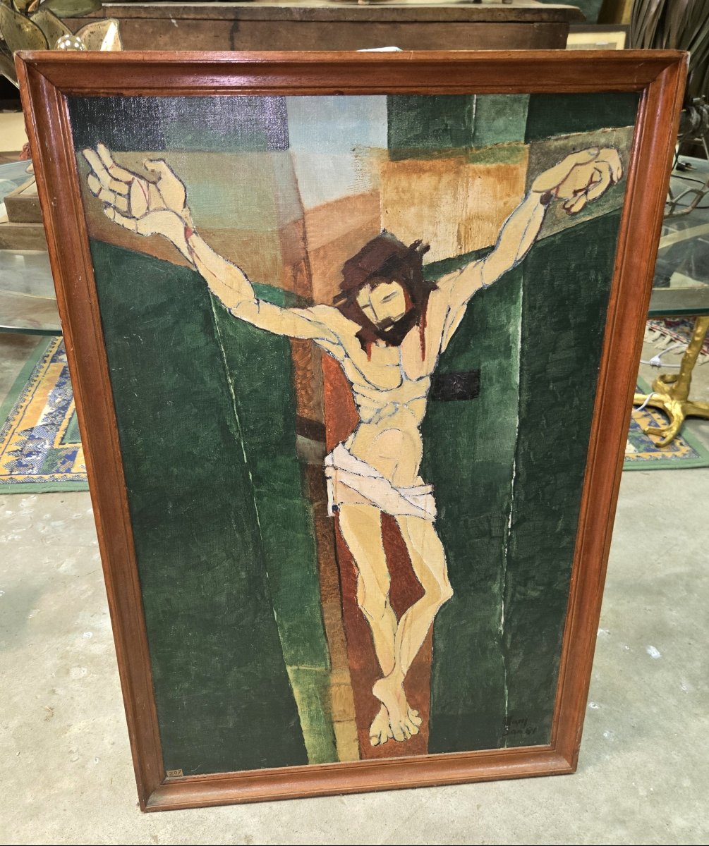 Oil On Canvas Dated And Signed Depicting Christ On The Cross-photo-2