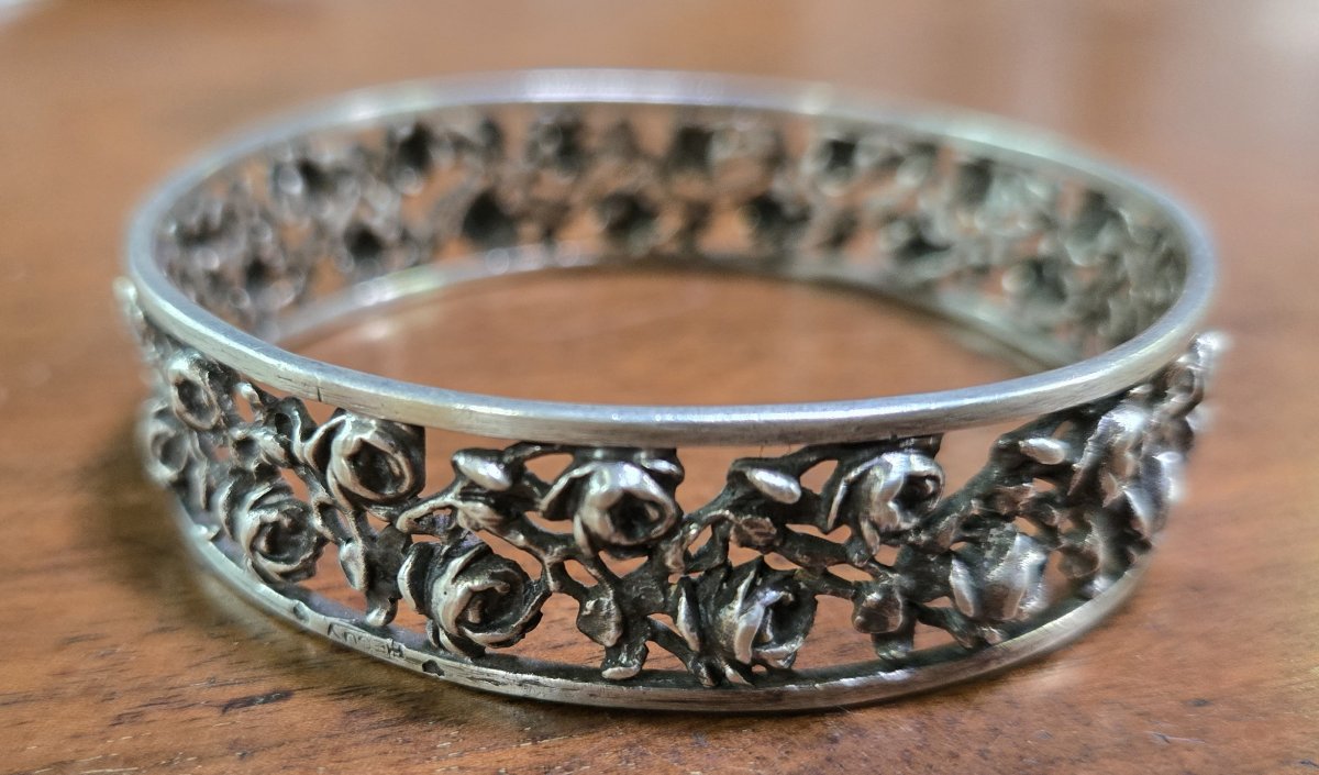 Openwork Silver Bracelet With Raised Rose Motifs From The Art Deco Period-photo-2
