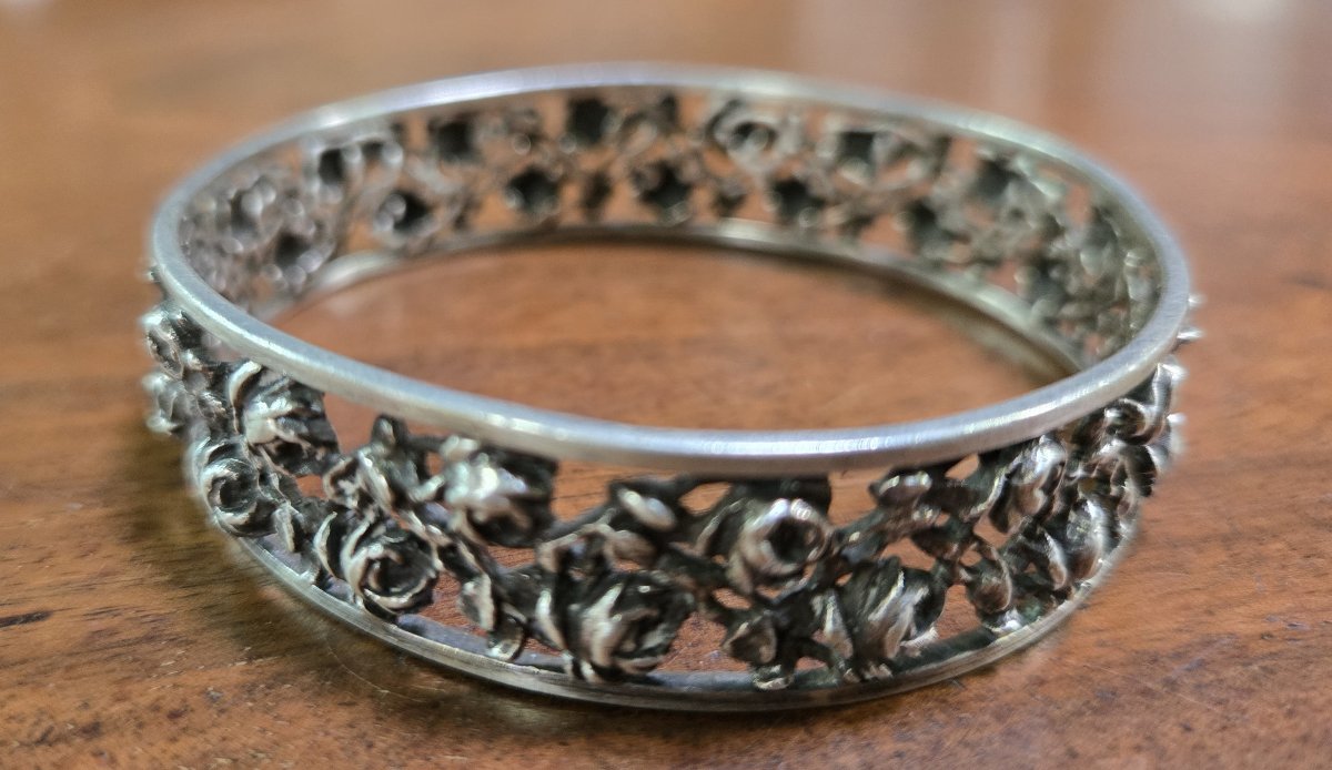Openwork Silver Bracelet With Raised Rose Motifs From The Art Deco Period-photo-3