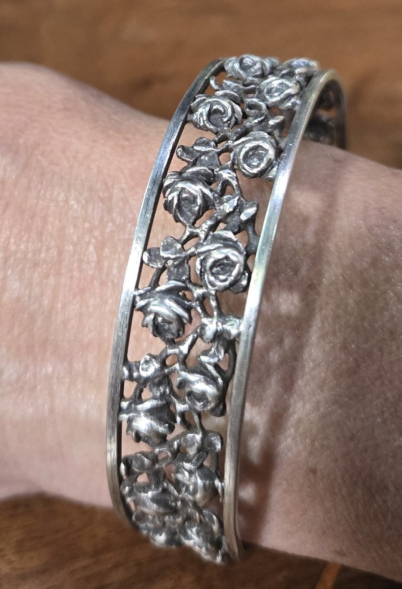 Openwork Silver Bracelet With Raised Rose Motifs From The Art Deco Period-photo-4