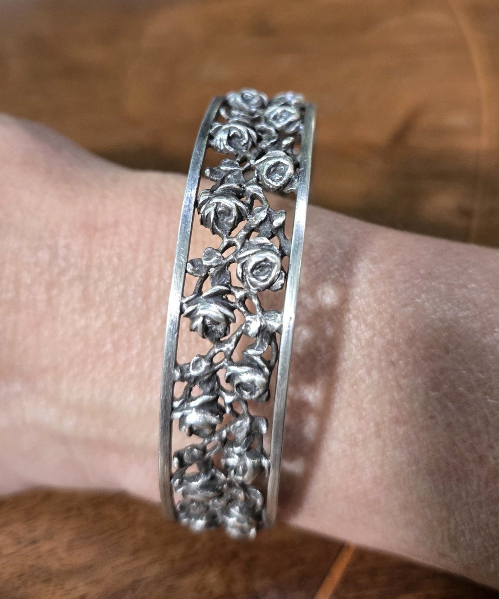 Openwork Silver Bracelet With Raised Rose Motifs From The Art Deco Period-photo-5