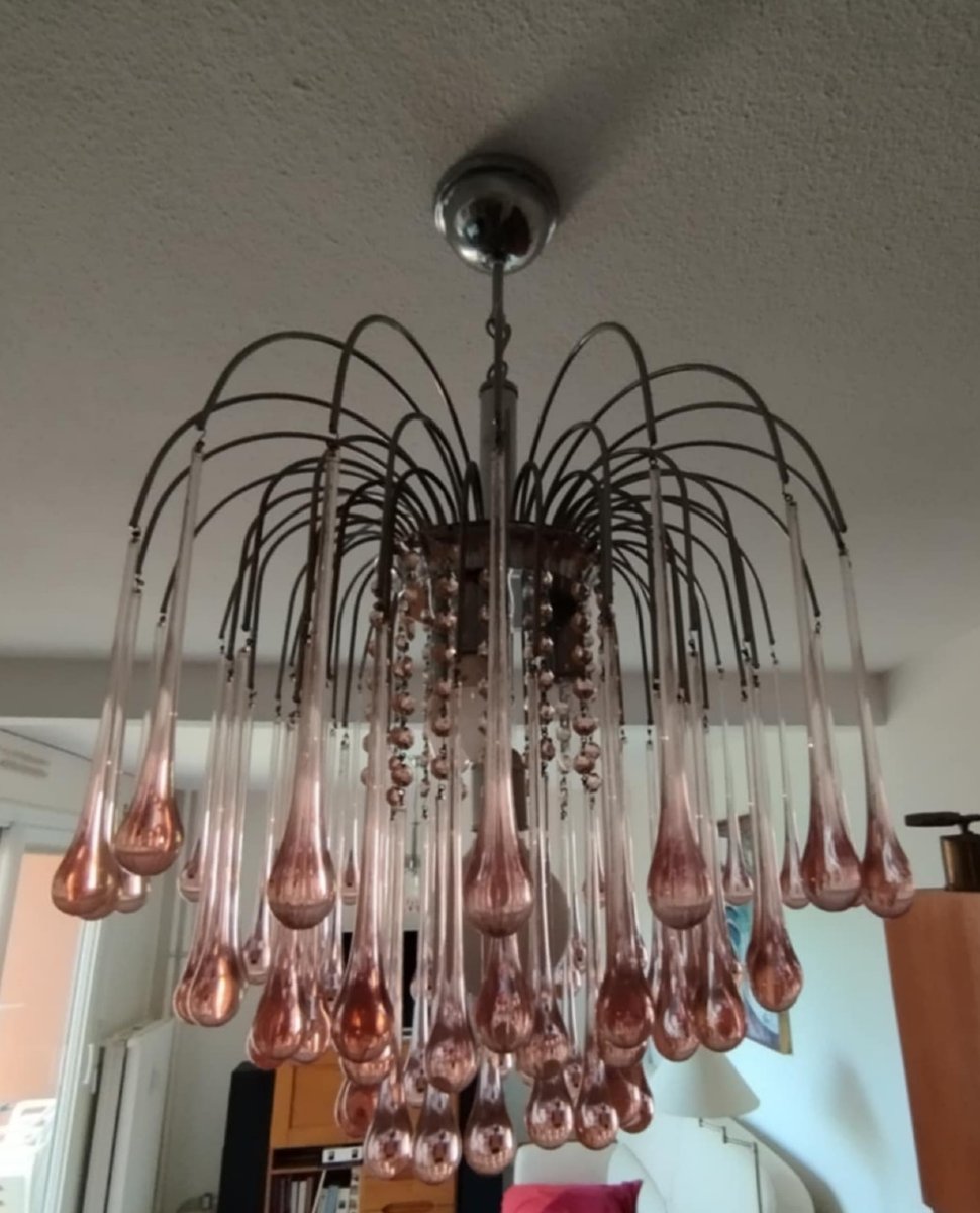 Paolo Venini : Lustre en cascade avec gouttes roses en verre de Murano -photo-1