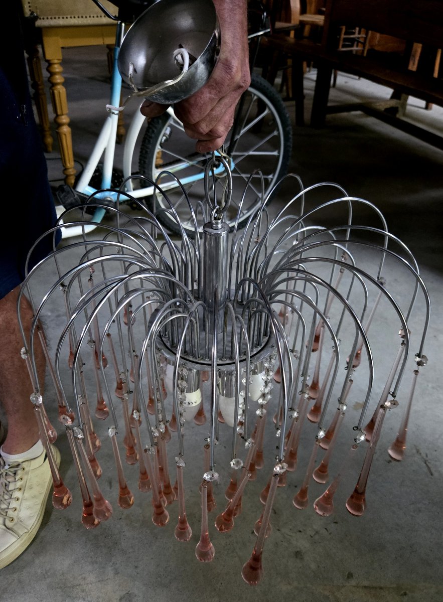 Paolo Venini : Lustre en cascade avec gouttes roses en verre de Murano -photo-2