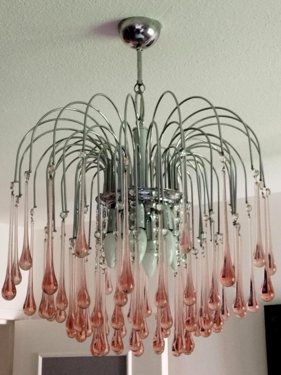 Paolo Venini : Lustre en cascade avec gouttes roses en verre de Murano 