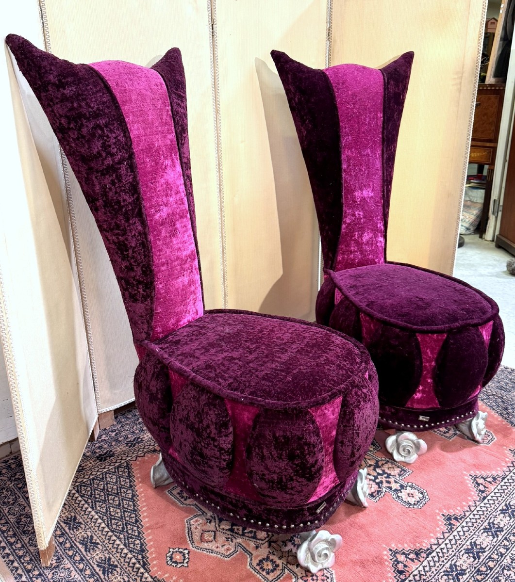 Bretz: Important Pair Of Purple Velvet Armchairs-photo-4