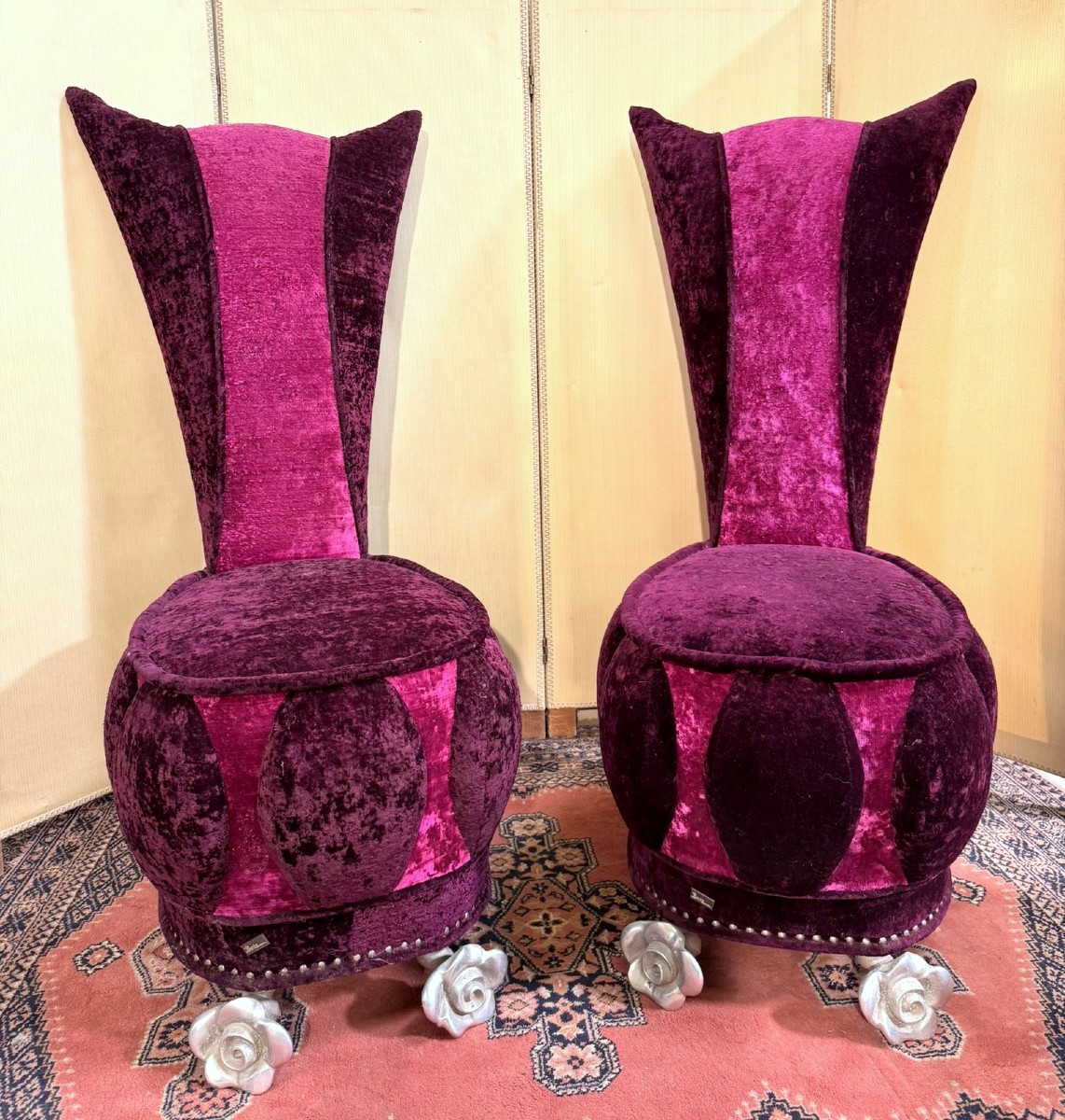 Bretz: Important Pair Of Purple Velvet Armchairs