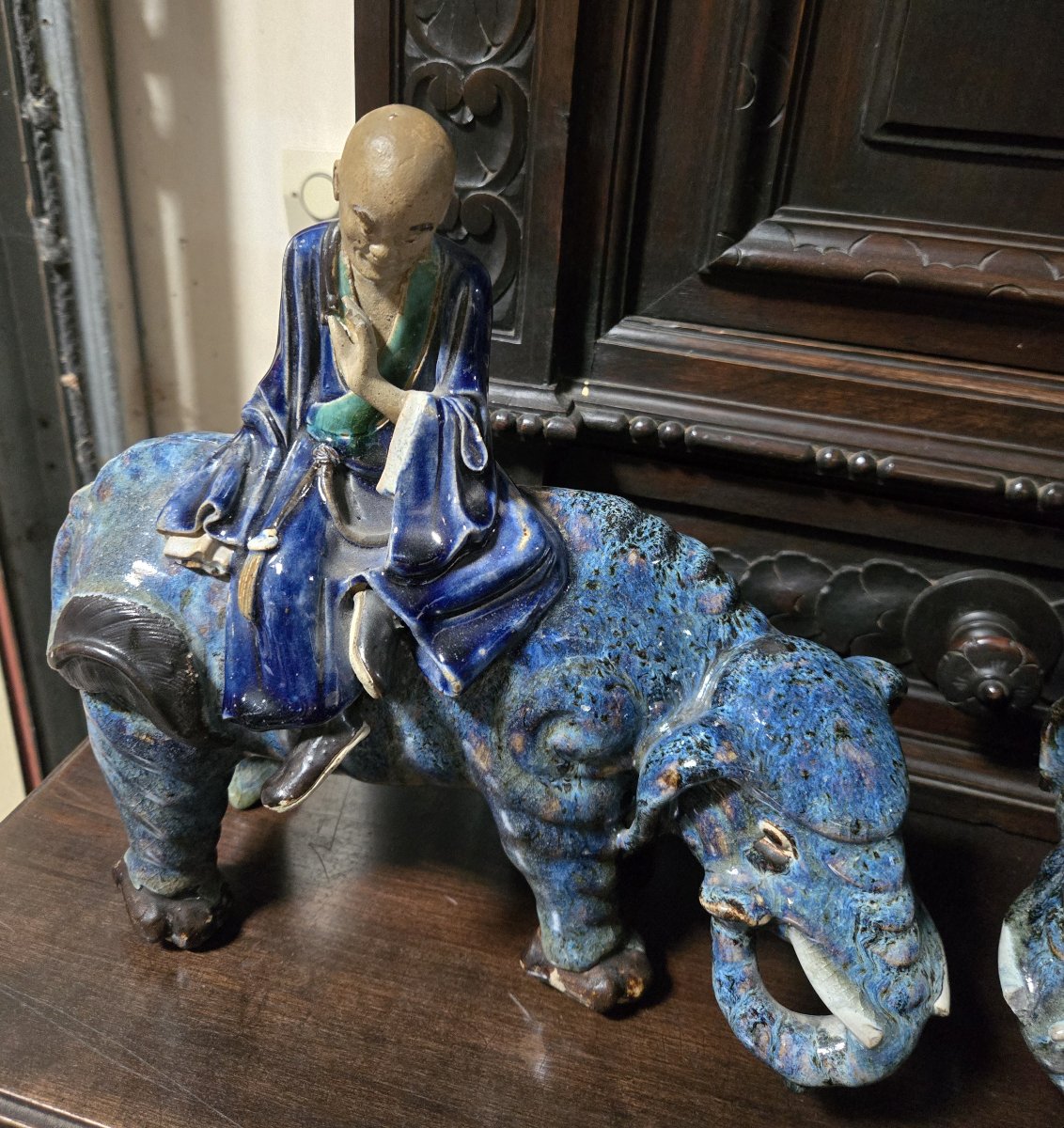 Asie XIXeme : paire de brule parfums figurant des personnages a dos d'éléphant-photo-5