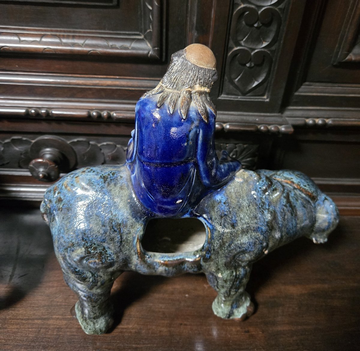 Asie XIXeme : paire de brule parfums figurant des personnages a dos d'éléphant-photo-6