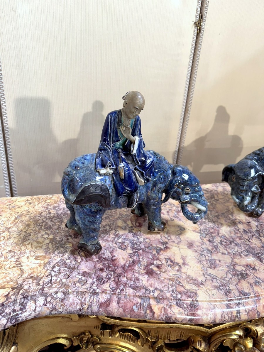 Asie XIXeme : paire de brule parfums figurant des personnages a dos d'éléphant-photo-3