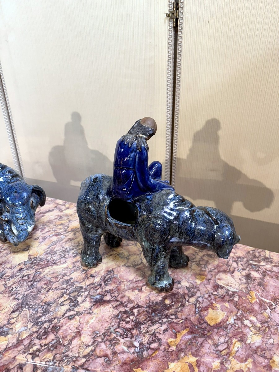 Asie XIXeme : paire de brule parfums figurant des personnages a dos d'éléphant-photo-5