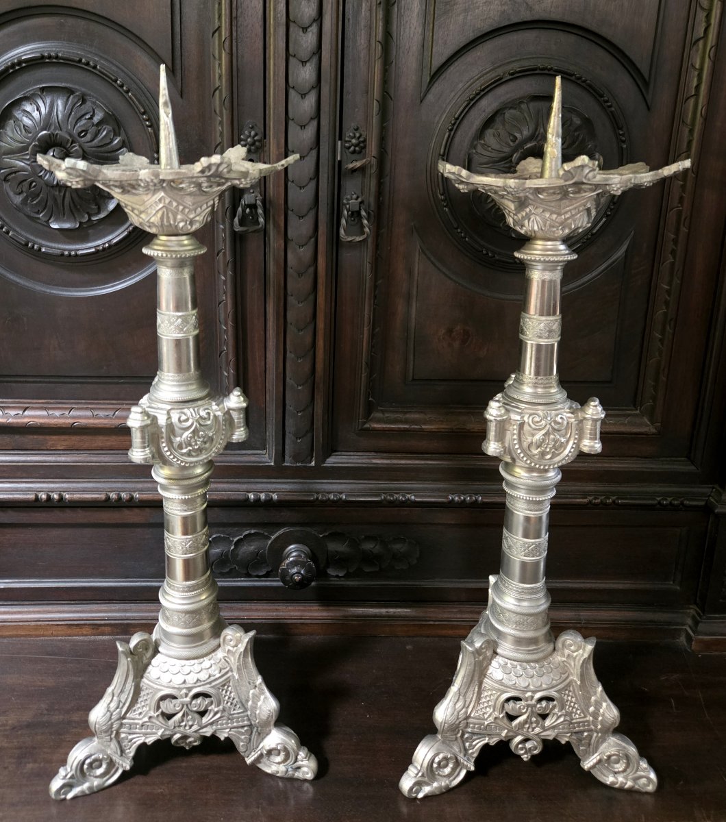 Large Pair Of Silver-plated Bronze Candlesticks, 19th Century-photo-1
