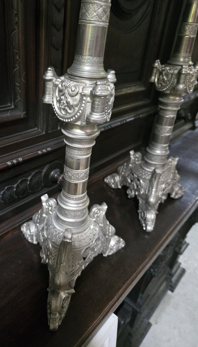 Large Pair Of Silver-plated Bronze Candlesticks, 19th Century-photo-5