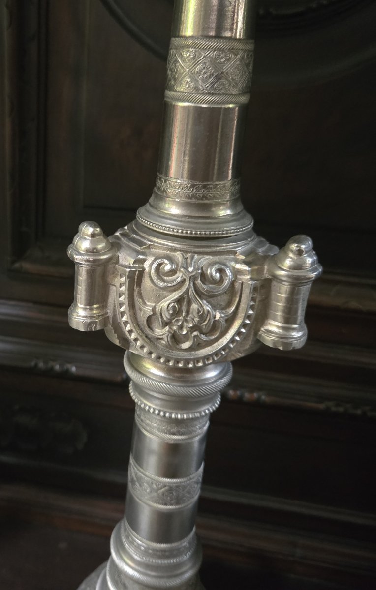 Large Pair Of Silver-plated Bronze Candlesticks, 19th Century-photo-7