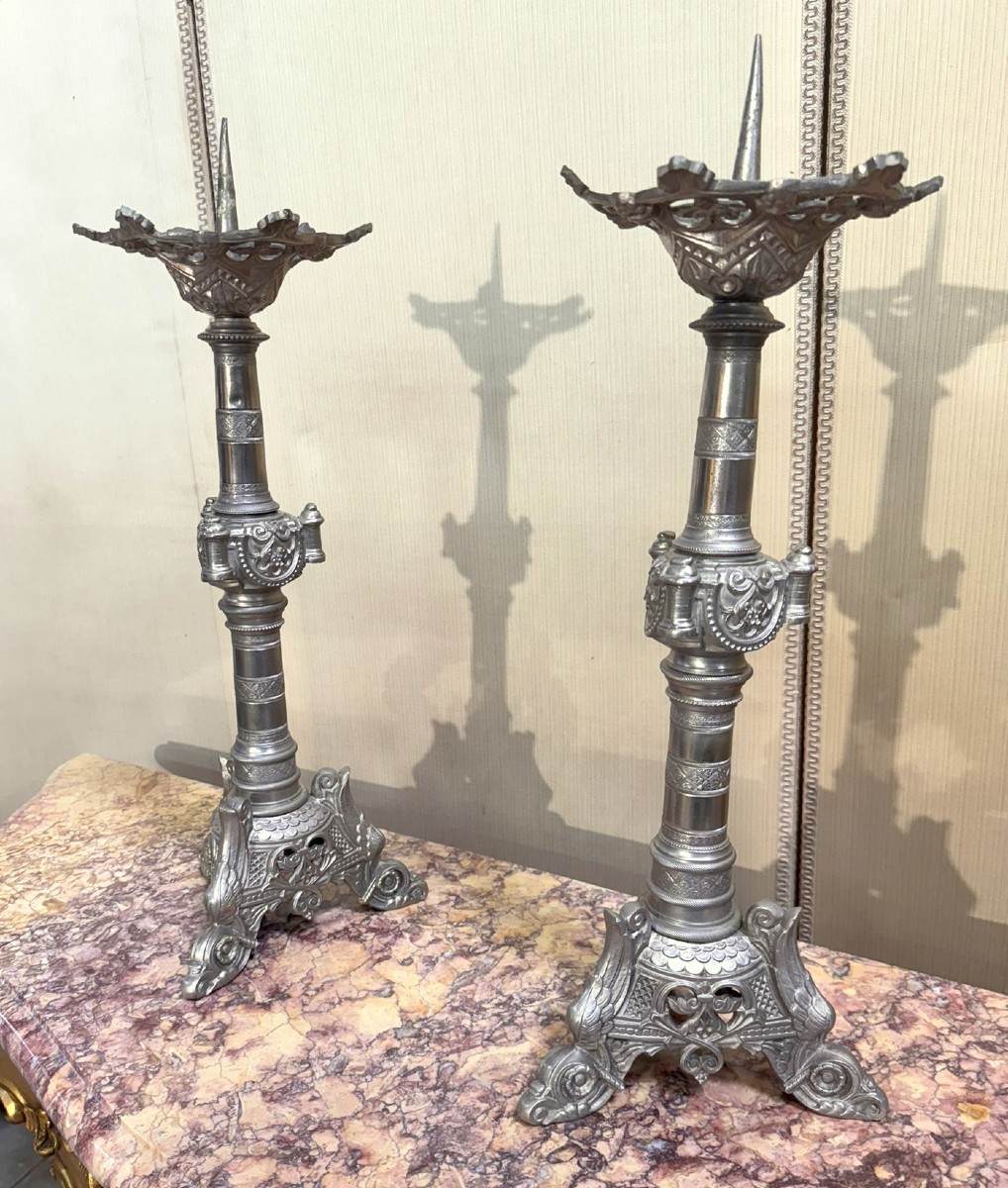 Large Pair Of Silver-plated Bronze Candlesticks, 19th Century-photo-2