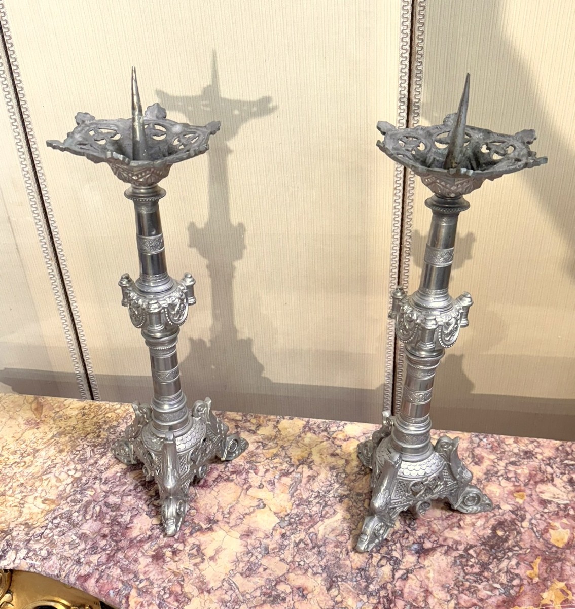 Large Pair Of Silver-plated Bronze Candlesticks, 19th Century-photo-4