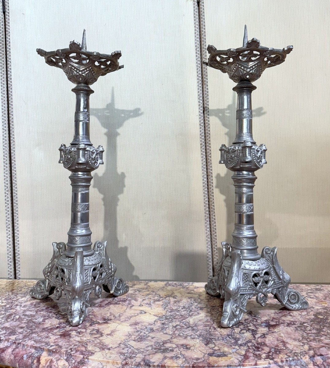 Large Pair Of Silver-plated Bronze Candlesticks, 19th Century