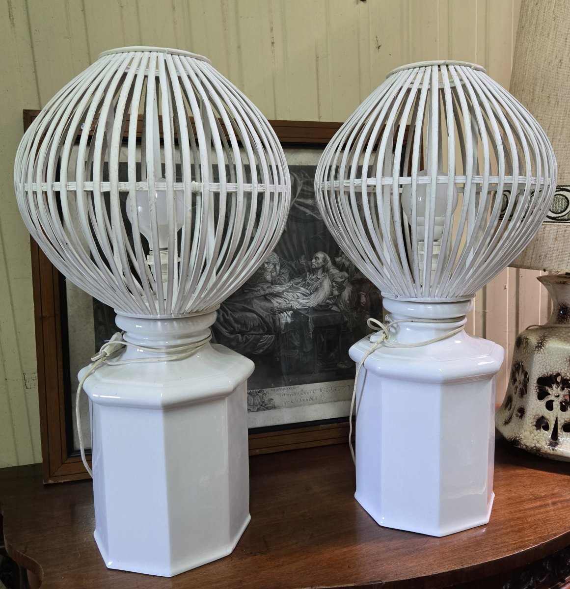 paire de trés grandes lampes modernistes en ceramique et bois peint-photo-4