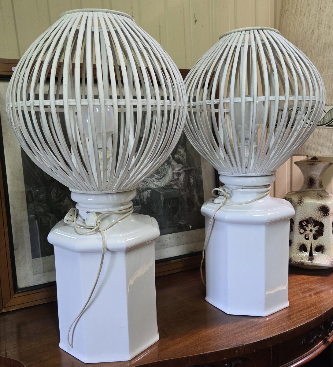 paire de trés grandes lampes modernistes en ceramique et bois peint-photo-5
