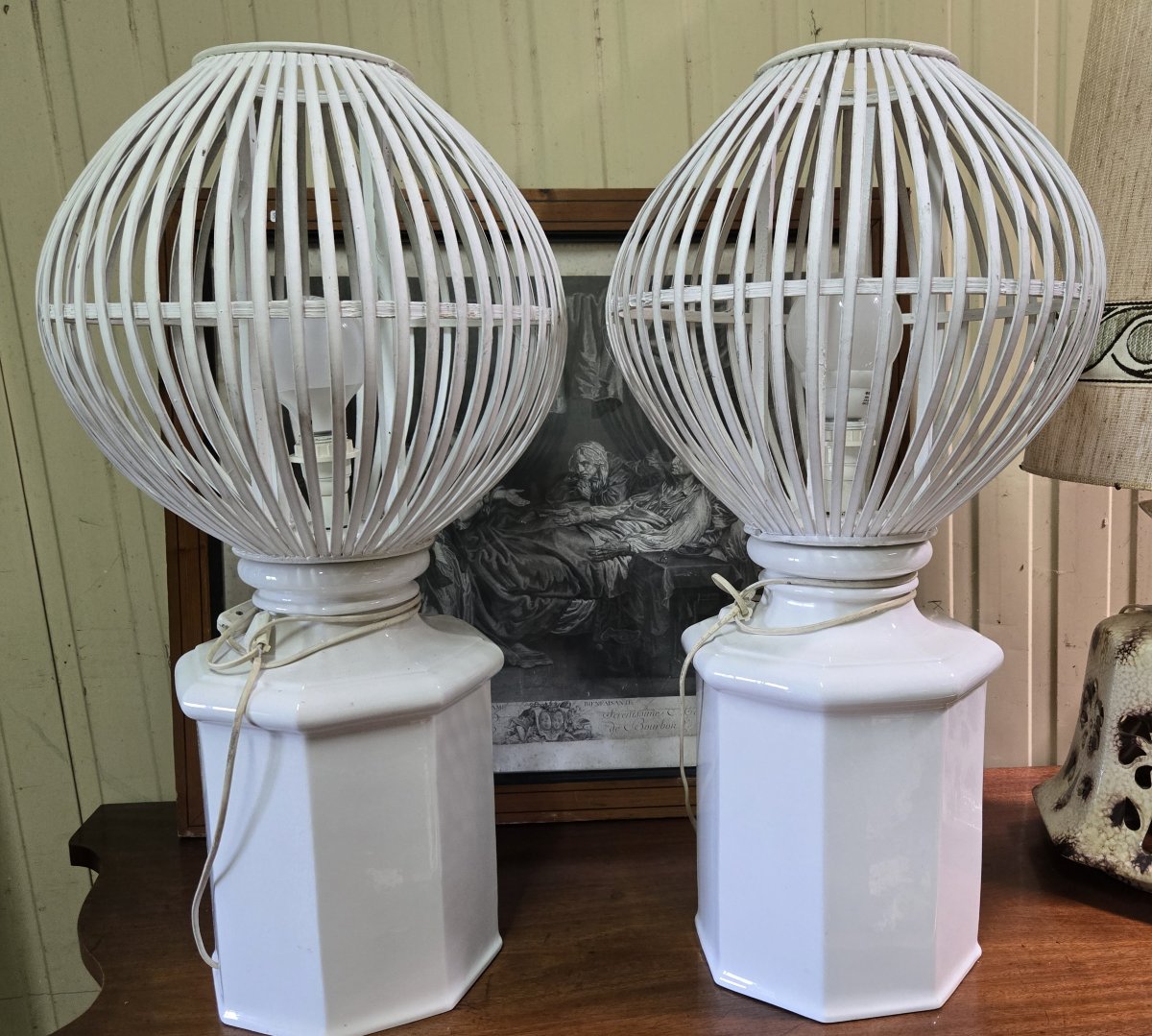 paire de trés grandes lampes modernistes en ceramique et bois peint-photo-6