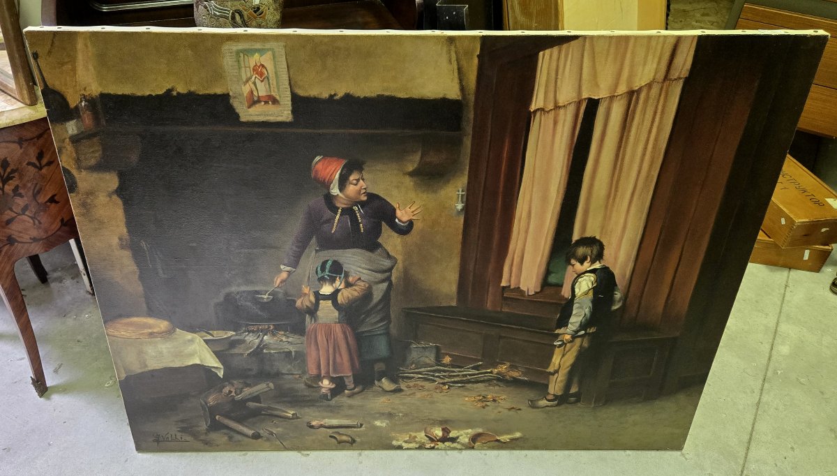 After Narcisse Chaillou: Very Large Oil On Canvas Entitled La Remontrance Signed Valli-photo-1
