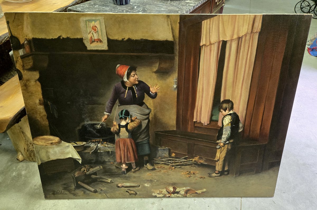 After Narcisse Chaillou: Very Large Oil On Canvas Entitled La Remontrance Signed Valli-photo-3