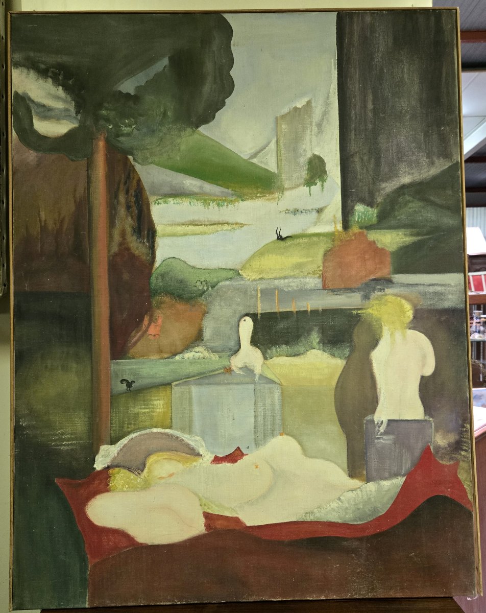 Large Modernist Oil On Canvas Circa 1950-1960-photo-1