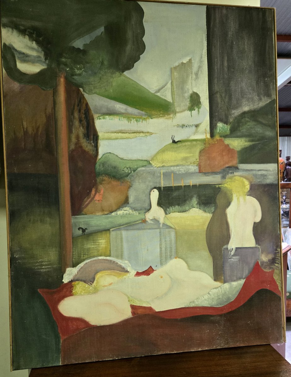 Large Modernist Oil On Canvas Circa 1950-1960-photo-2