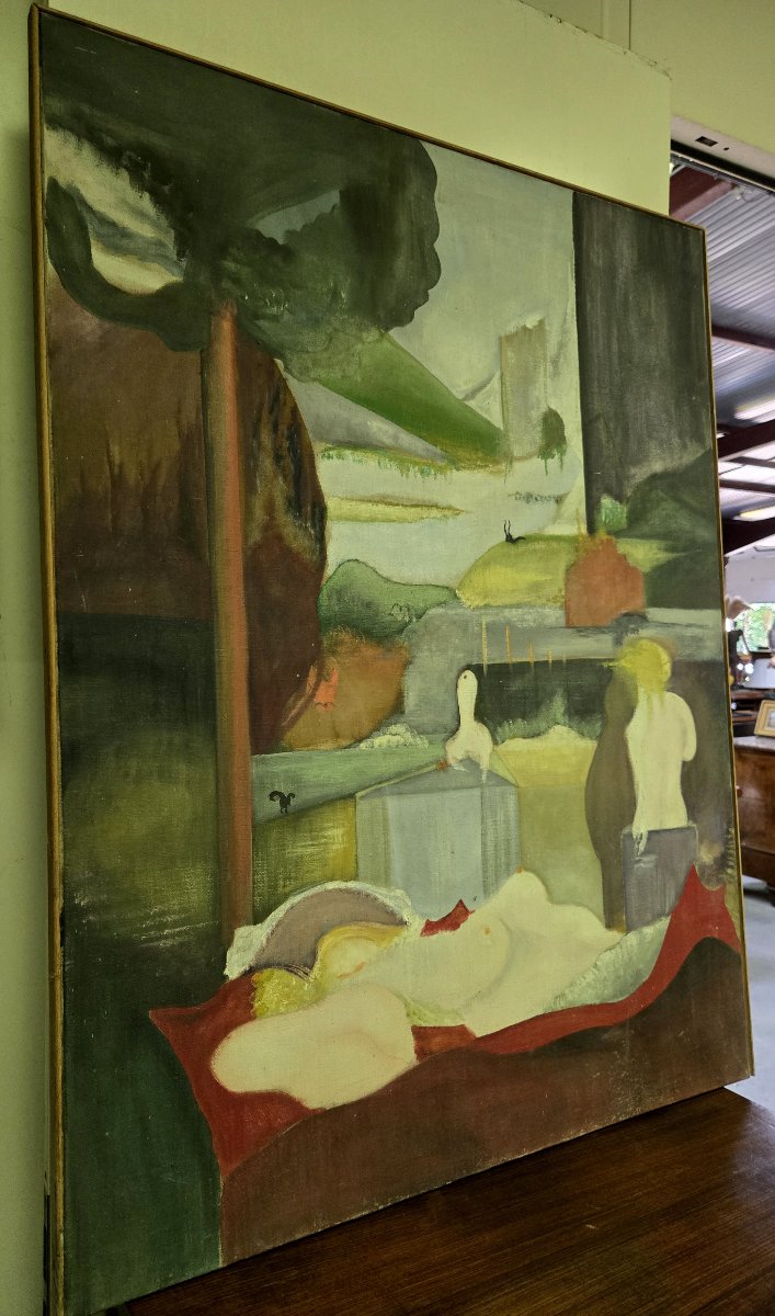 Large Modernist Oil On Canvas Circa 1950-1960-photo-3