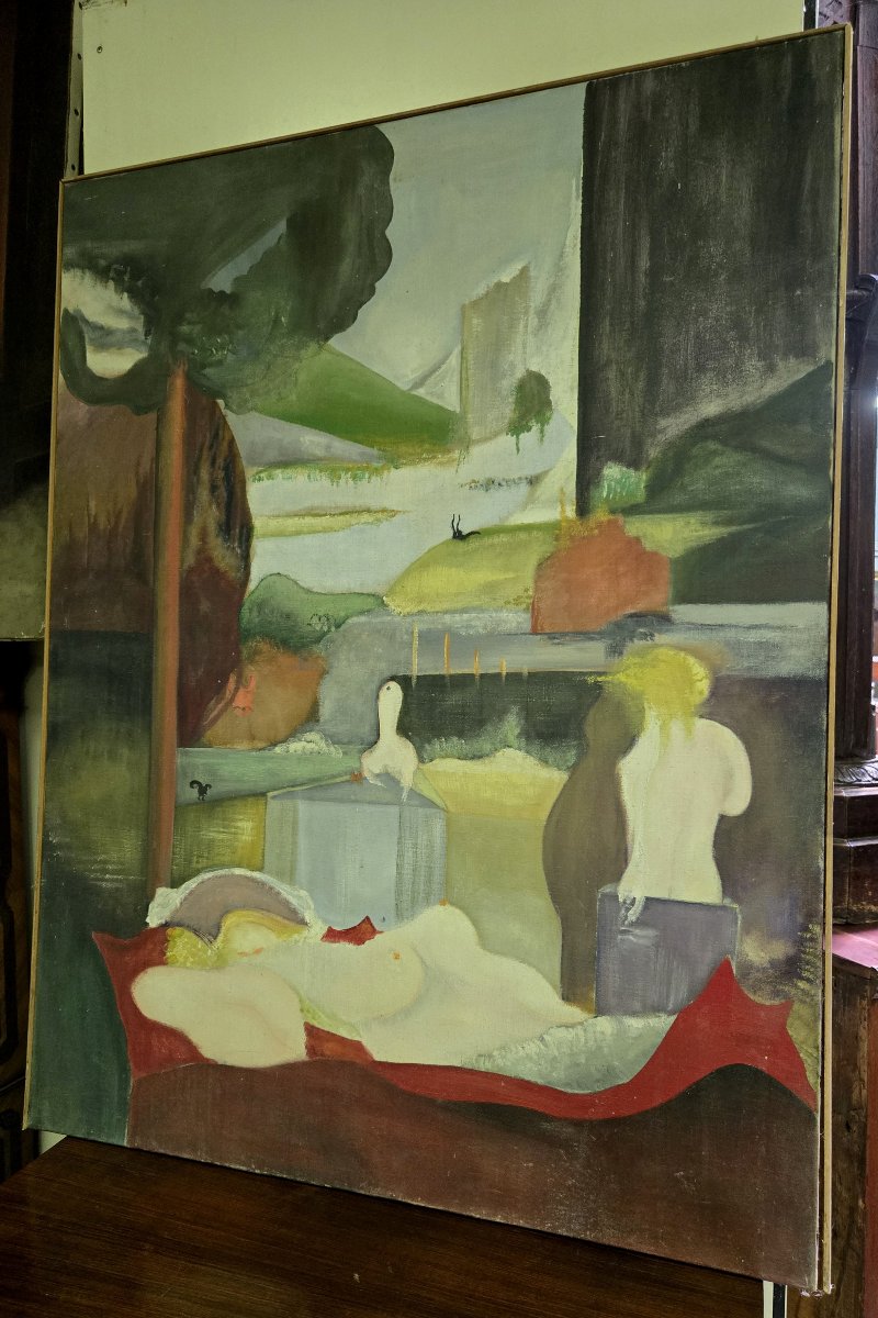 Large Modernist Oil On Canvas Circa 1950-1960-photo-4