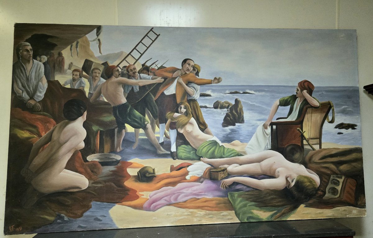 Les naufrageurs d'après Boutigny (1931) : grande huile sur toile animée de personnages  -photo-1