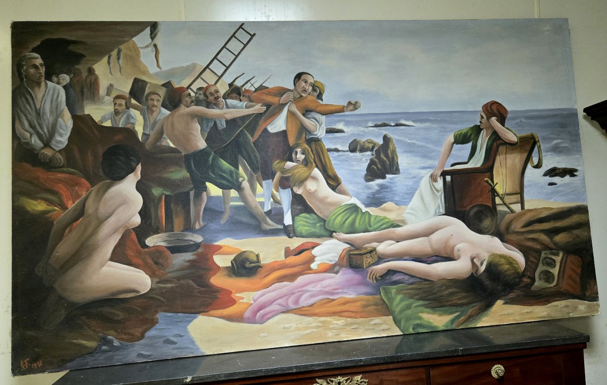 Les naufrageurs d'après Boutigny (1931) : grande huile sur toile animée de personnages  -photo-2