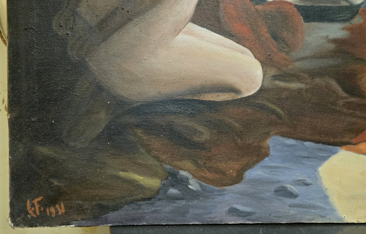 Les naufrageurs d'après Boutigny (1931) : grande huile sur toile animée de personnages  -photo-3