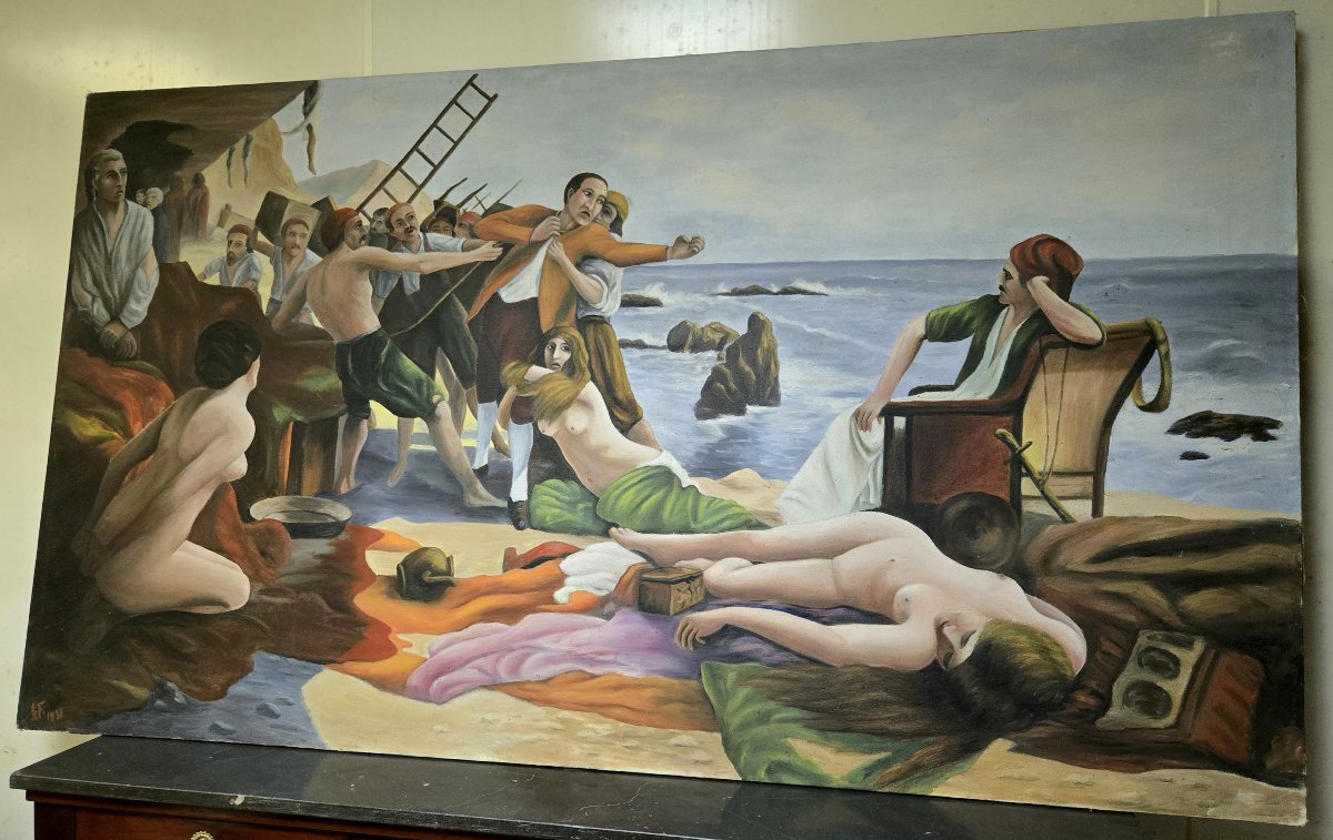 Les naufrageurs d'après Boutigny (1931) : grande huile sur toile animée de personnages  -photo-4