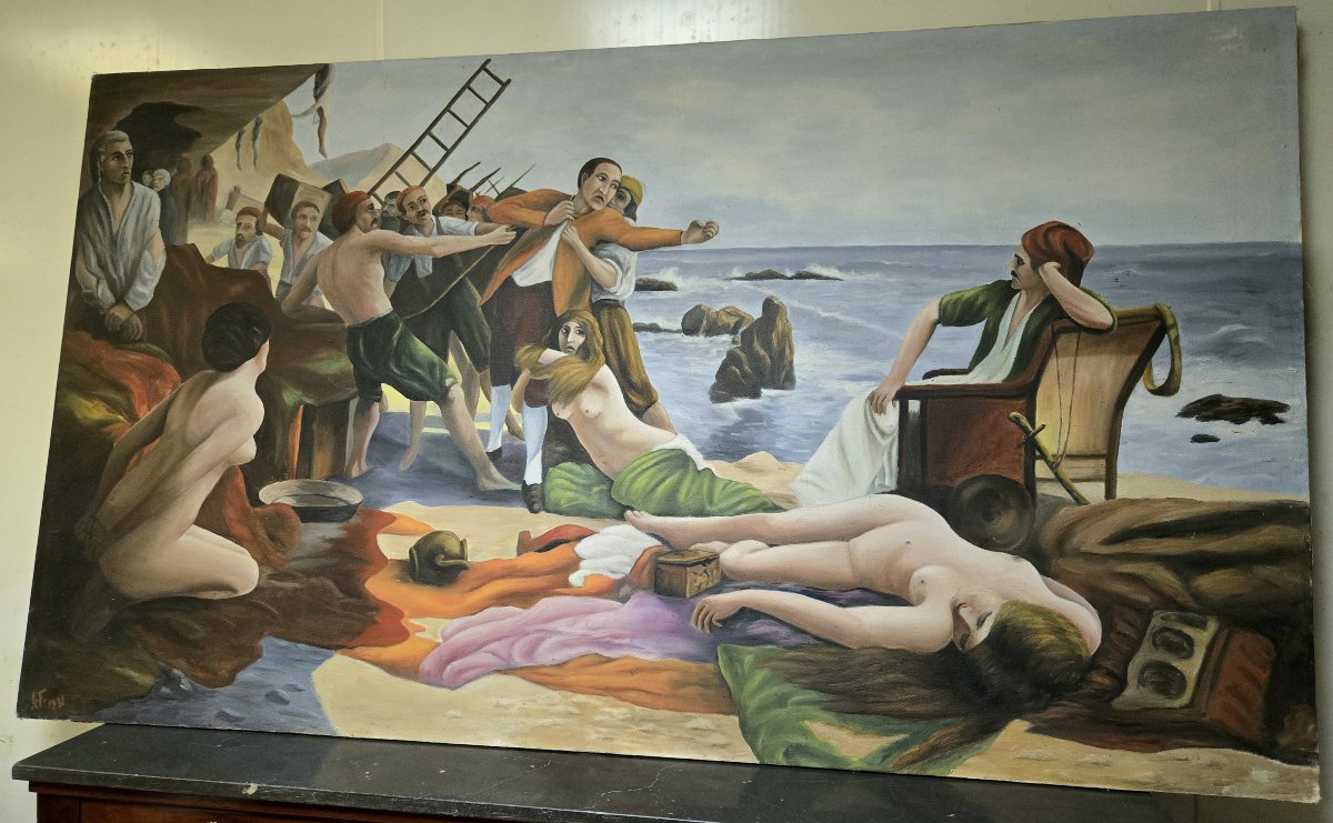 Les naufrageurs d'après Boutigny (1931) : grande huile sur toile animée de personnages  -photo-5