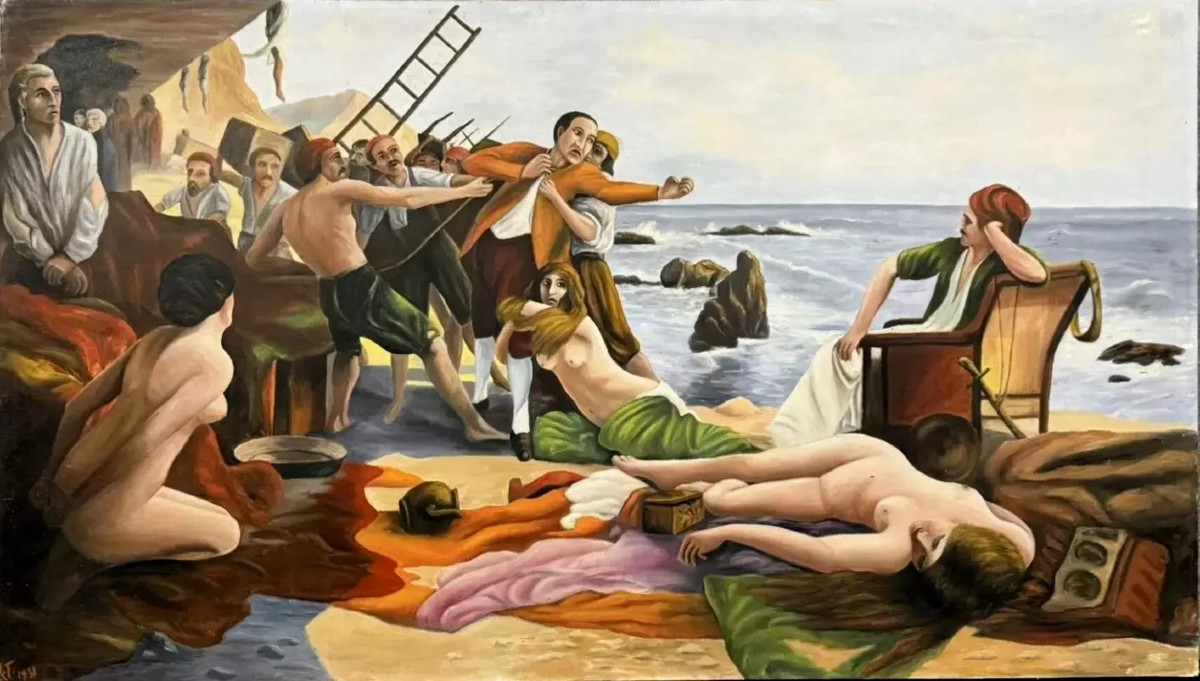 Les naufrageurs d'après Boutigny (1931) : grande huile sur toile animée de personnages  