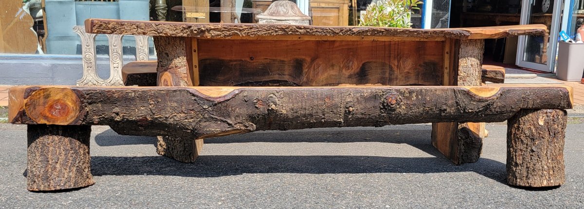 20th Century Folk Art: Brutalist Solid Wood Table With 2 Benches-photo-1