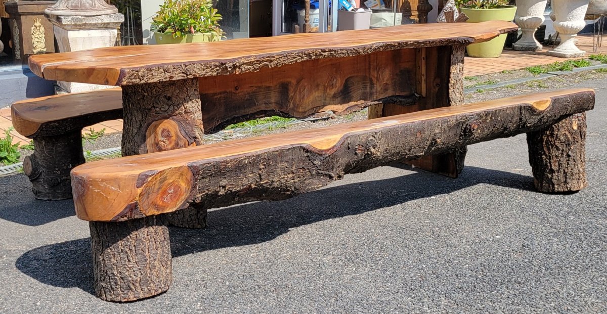 20th Century Folk Art: Brutalist Solid Wood Table With 2 Benches-photo-2