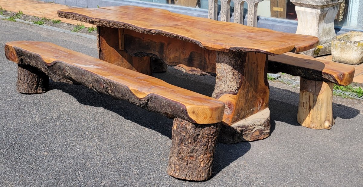 20th Century Folk Art: Brutalist Solid Wood Table With 2 Benches-photo-3